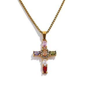 New Cross Pendant Necklace 18k Plated Multi Stone Baroque Chic